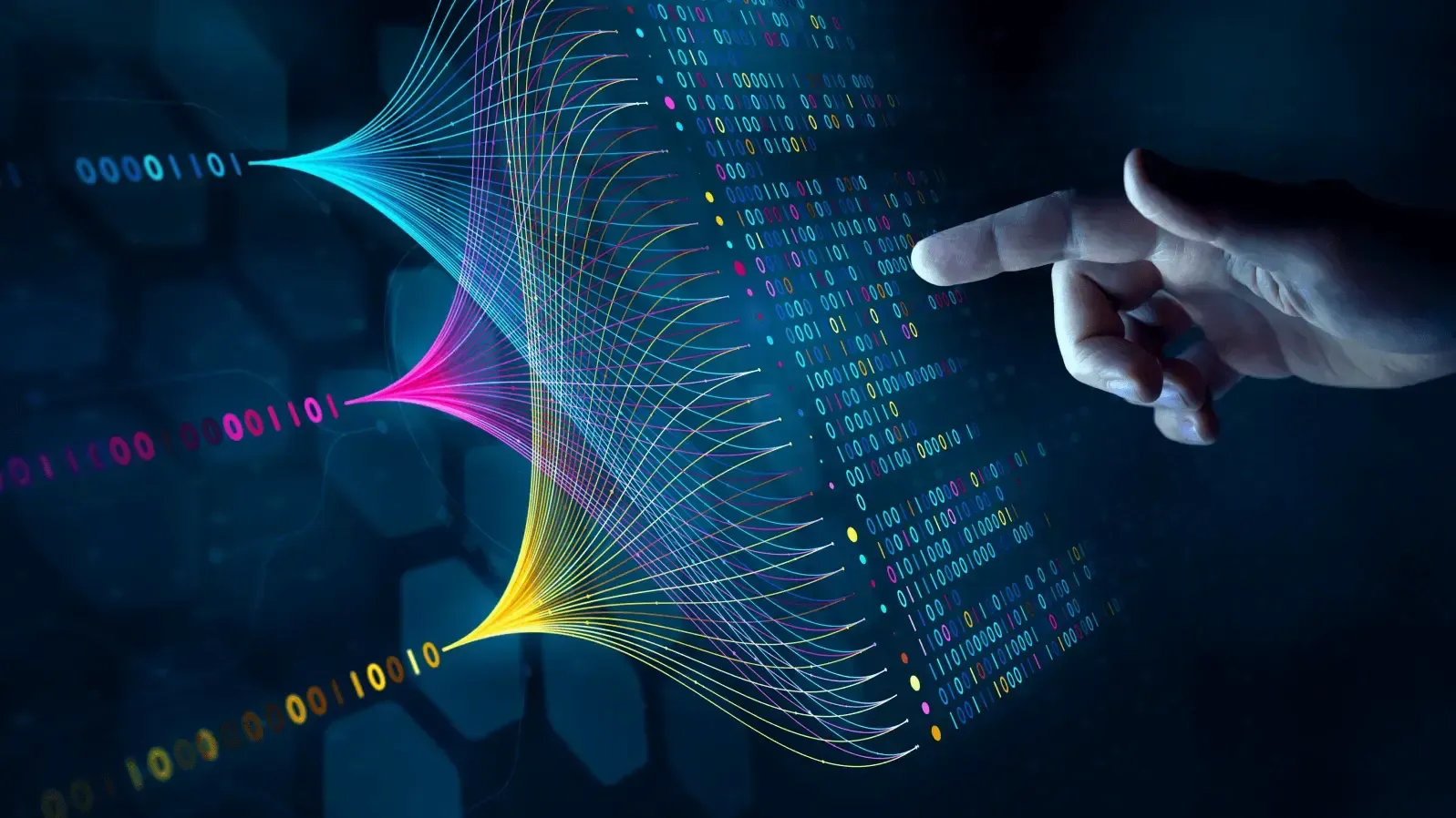 A hand reaching toward streams of colored binary data fanning out in cyan, magenta, and yellow